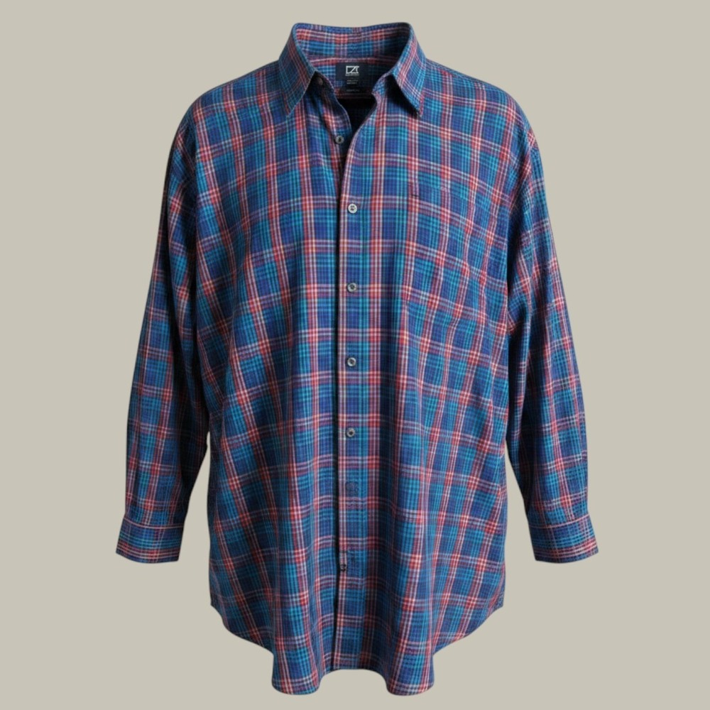 Cutter & Buck Button Down Shirt Mens 4XB Blue Pink Plaid Non-Iron Long Sleeve